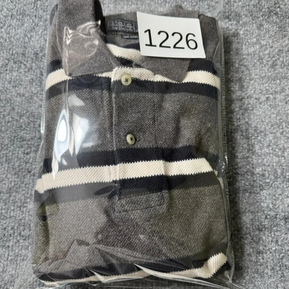 Polo Ralph Lauren Polo Shirt Mens L Striped Cotton Classic Fit Gray White Blue